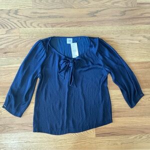CAbi Navy Polka Dot Blouse New with tags Top 3/4 sleeve Tie Front Size Small